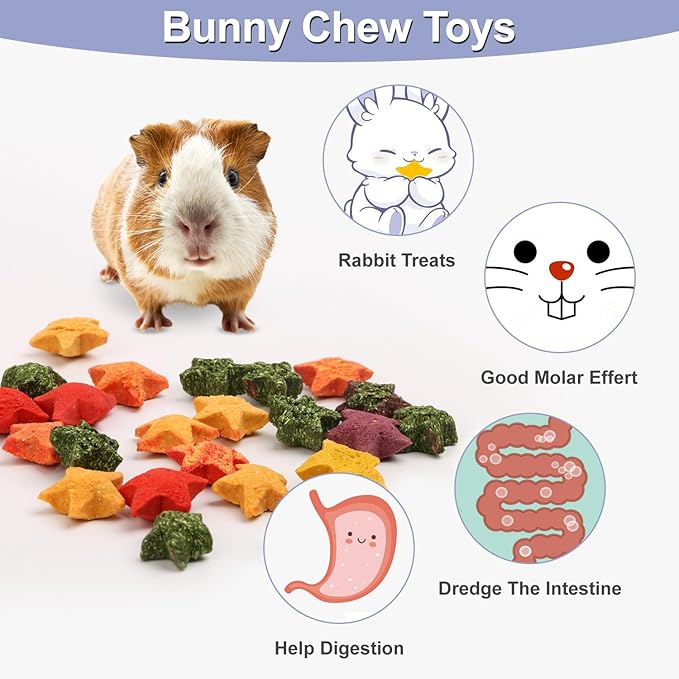 Abizoo Rabbit & Guinea Pig Treats, Crunchy Mini Star Chew Toys with Timothy Hay Carrots Pumpkin for Digestion and Enrichment, High-Fiber Healthy Snacks for Rabbits Chinchillas Guinea Pig Hamster