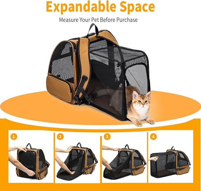 Cat Backpack，Expandable Cat Carrier Backpack, Dog Backpack Carrier and Pet Carrier Backpack, Suitable for Cats, Dogs Kitten or Small Dogs, Travel Friendly Puppy Cats Bag (Brown)