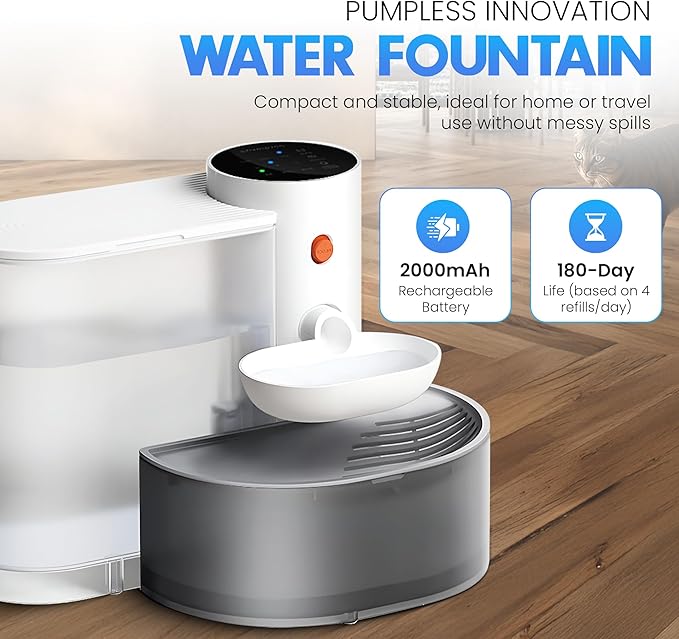 Smart Wireless Cat Water Fountain, 3L Automatic Pet Water Dispenser for Cats & Small Dogs, Ultra Quiet, Cordless Pet Fountain, No Filter, Self Cleaning for Always Fresh Water