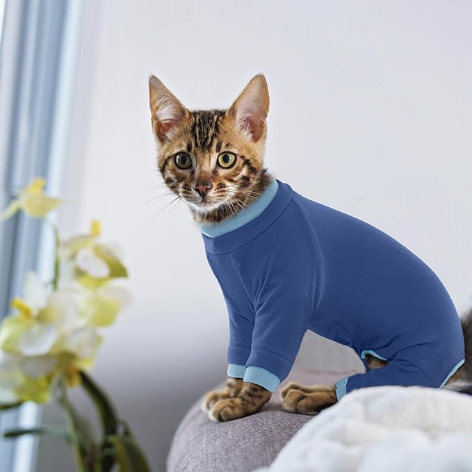 PUMYPOREITY Cat Hair Sticky Sweater, Recovery Suit - Breathable & Lightweight for Post-Surgery Protection, Cat Onsie Prevents Licking Wounds, Blue, XL