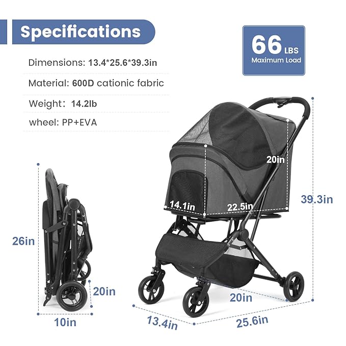 Wedyvko 3 in 1 Dog Stroller, Upgraded Frame, Pet Stroller for Medium Dogs, Shock Absorption, Luggage, Zipperless Entry, Storage Basket & Pouch, Cat Strollers with Dog Poop Bags & Dispenser (Gray-P11)
