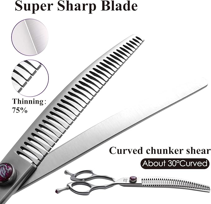 Fenice Peak 8.0‘’ Curved Chunker Dog Grooming Scissors with Purple Flashing Screw Professional 440C Stainless Steel Natural Color Pet Trimming Shears with Offset Handle Durable and Sharp