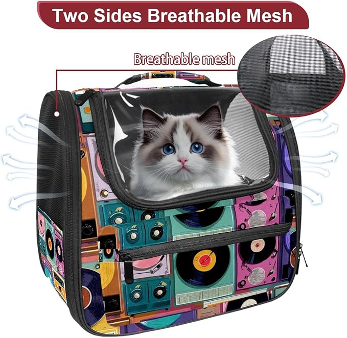Color Record Player Pattern (3) Cat Backpack Carrier Pet Backpack Carrier for Small Dogs and Medium cat Puppy Kitten Bunny