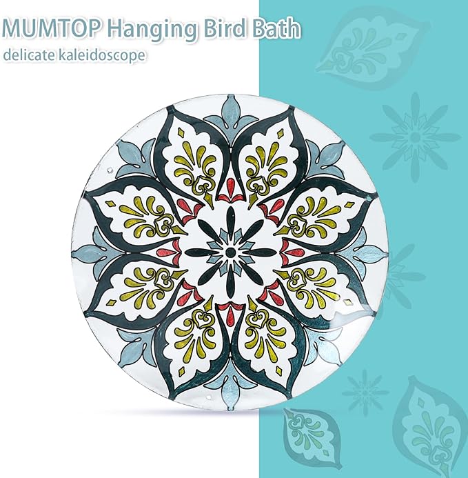 MUMTOP Hanging Bird Baths for Outdoors - Glass Bird Bath, 11 Inch Hanging Bird Bath Bird Feeder Bowl for Outside, Garden, Lawn Yard Decor (Green Kaleidoscope)