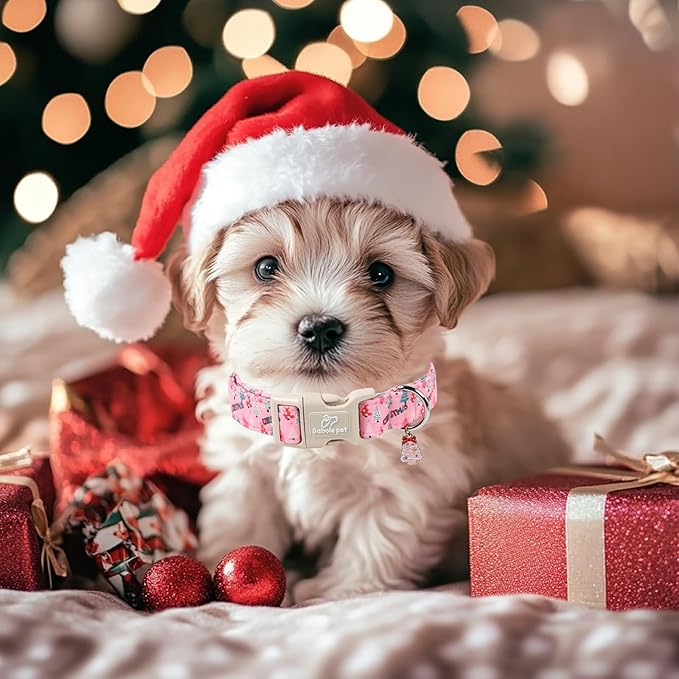 Christmas Dog Collar for Large Dogs - Cute Xmas Tree Print Pink Christmas Collars for Dogs, Soft Adjustable Winter Holiday Dog Collars with Quick Release Buckle L