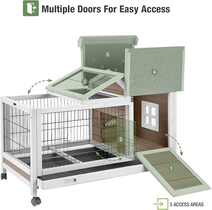 Wooden Rabbit Hutch Indoor and Outdoor, Rabbit Cage with Removable Wire Netting and Leak Proof Tray, Mobile Bunny Cage with Wheels (Brown)