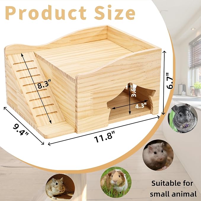 Guinea Pig Wood House, 11.8 x 9.4 x 6.7 Inch Hamster Hideout Castle with Stairs and Window, Small Animals Bed Hut Habitats, Ideal for Chinchillas Dwarf Mice Gerbils Playing Hiding