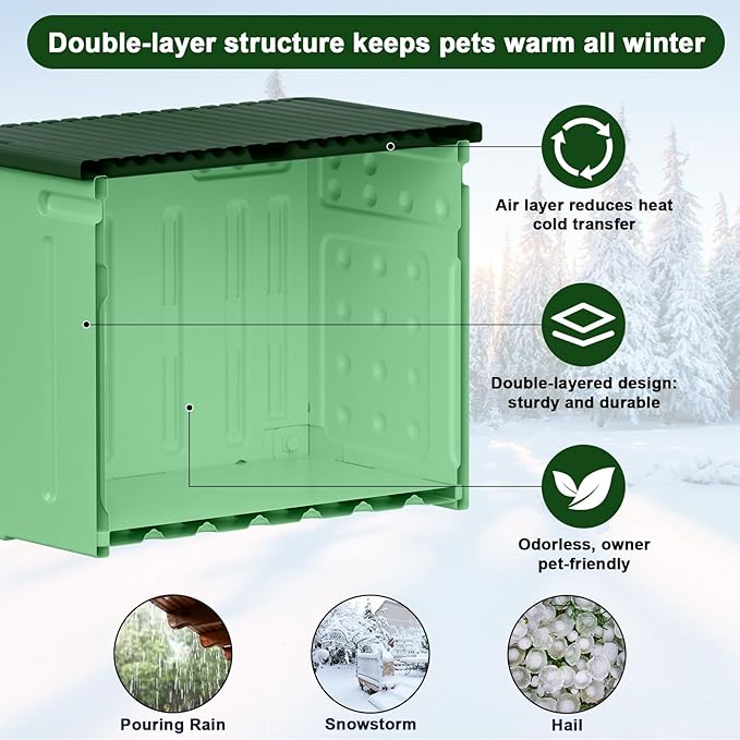 Tepoal Plastic Heated Cat House for Outside Winter, 100% Weatherproof & Insulated Outdoor Feral Cat Shelter with Safety Escape Door, Stackable Cat House with Heater for Barn Cat, Green 17.7"x17"x17.5"