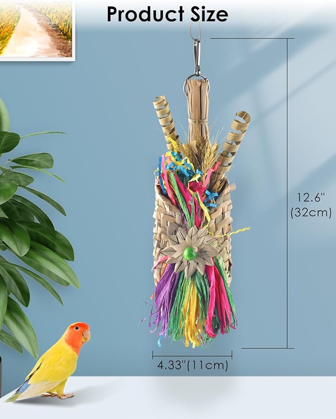 Bissap Bird Chew Toys, Parrot Foraging Shredder Natural Palm Frond Woven Bag Hanging Cage Toy with Chewing Treats for Conure Budgie Cockatiel Cockatoos and Similar Sized Pet Birds