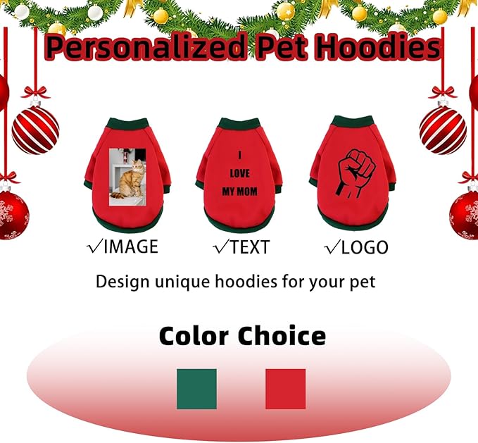 Custom Dog Hoodie, Personalized Sweatshirt with Photo Text Name Logo, Customized Hooded Sweater for Small Medium Large Dogs & Cats (Red + Green Sleeves, XX-Large)