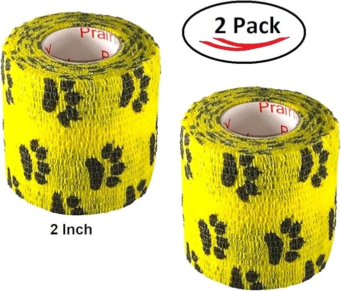 Vet Wrap Wrap Tape (Yellow with Paw Prints) (2 Pack) (3 Inch x 15 feet) Self Adhesive Adherent Adhering Cohesive Flex Self Stick Bandage Grip Roll Dog Cat Pet Horse