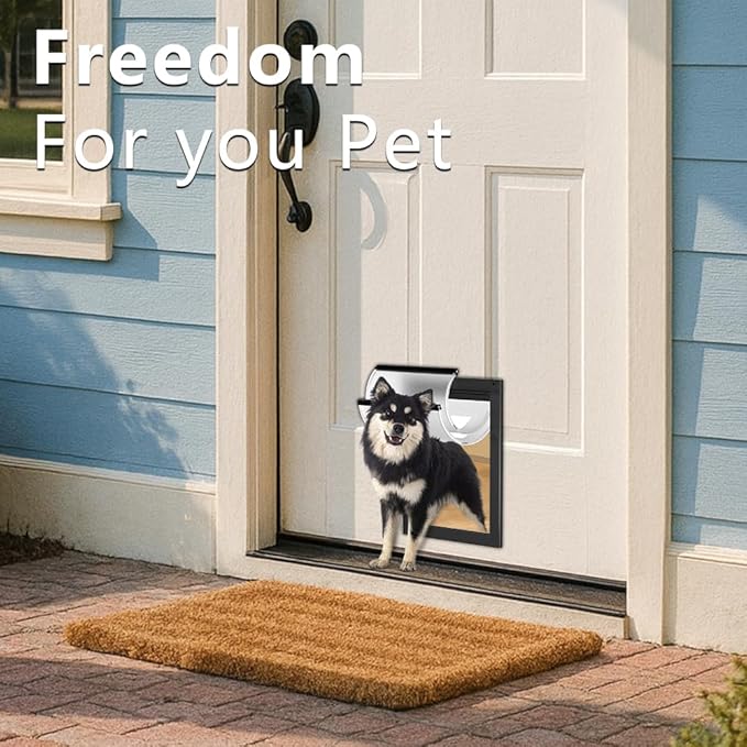 [MAVRICPOWER] Aluminum Medium Dog Door with 2 Sliding Lock Panels, Doggie Door for Exterme Weahter, Never Rust Pet Door for Small Dogs Up to 30 lbs