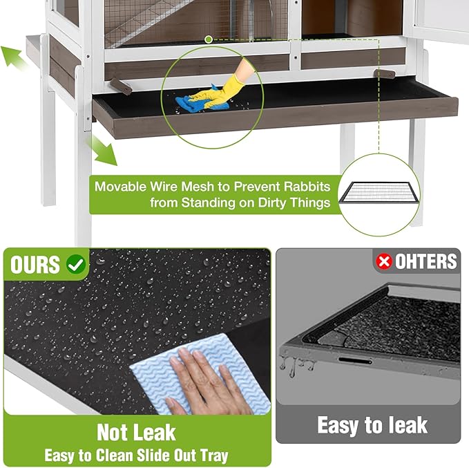 Indoor Rabbit Hutch Guinea Pig Cages with Chew-Proof Ramp, 2-Story Wooden Bunny House with Pull-Out Tray & Leakproof PVC Layer, Small Animal Cage with Detachable Legs (Brown)