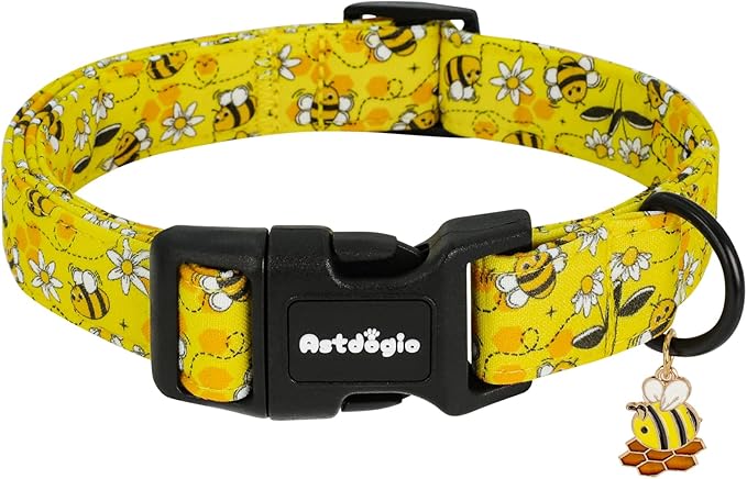 Yellow Dog Collar for Medium Dogs, Spring & Summer Theme Medium Dog Collars Featuring Bee Pollinating White Flowers Pattern, Adjustable Cotton Collar for Girl Boy Dogs -M