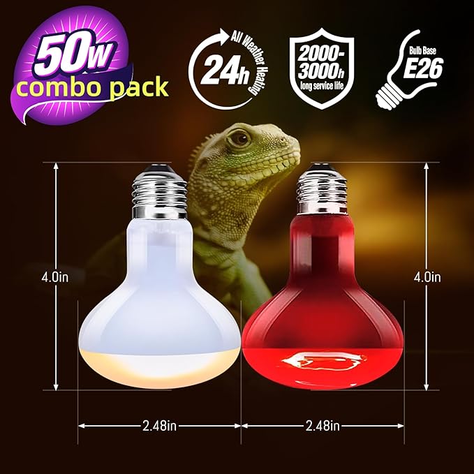 Leoterra 50w Reptile Basking Light Red Infrared Night Heat Lamp （Combo Pack） for Reptile Tanks,Reptiles,Turtle,Bearded Dargon,Lizard,Snakes Use Heat Bulb