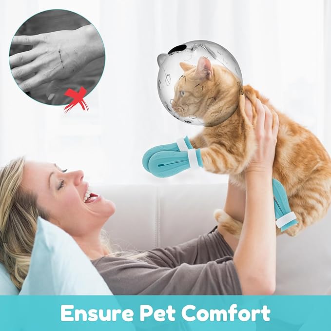 Cat Muzzle, Cat Mouth Cover for Grooming with 4 Silicone Paw Shoes, Cat Anti Bite Helmet, Silicone Claw Covers, Cat Breathable Hood for Cats Bathing Shaving Nail Trimming (Small)