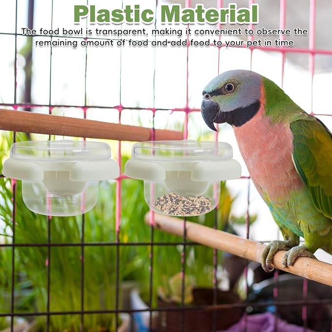 PINVNBY 4 PCS Birds Cage Feeders with Clamp, Easy to Install Feeding Dish Cups Small-Sized Bird Bowls Transparency Parakeet Feeder for Finches Lovebirds and Long-Tailed Parrots （White）