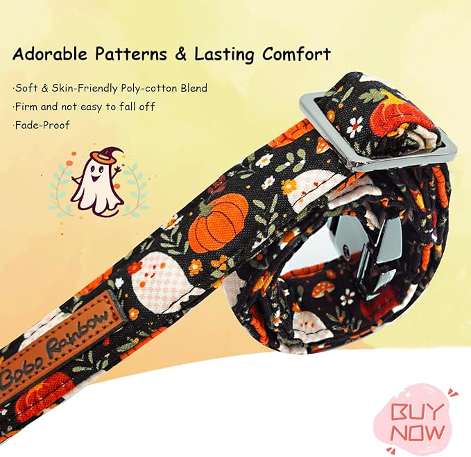Halloween Dog Collar, Ghost Print Adjustable Pet Collar Fall Pumpkin Cute Cotton Soft Collars with Bow Tie Fall Metal Buckle Holiday Puppy Collars Boy&Girl Gift for Small Dogs