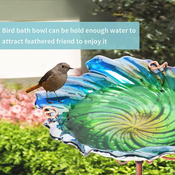 MUMTOP Glass Bird Baths for Outdoors, Garden Bird Bath Bowl with Metal Stake Birdbaths for Outside Yard Outdoor, Green