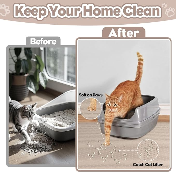 Cat Litter Mat, Extra Large 40" x 28" Silicone Mat Litter Trapping Mat for Scatter Control, Soft on Kitty Paws, Easy to Clean (Khaki)