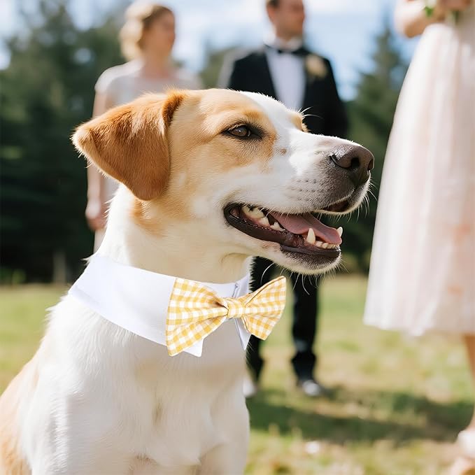 Segarty Dog Bow Tie, Adjustable Yellow Plaid Bowtie Collar for Neck Girth 10.2-12.6in, Medium Neck Tie Tuxedo Comfortable Cotton Boy Pet Grooming Accessory for Formal Wedding Holiday Birthday Party