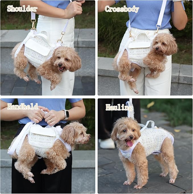 Dog Lift Harness Backpack for Small Dogs, Adjustable Straps Dog Sling Carrier for Hiking, Travel, Outdoor – White Large