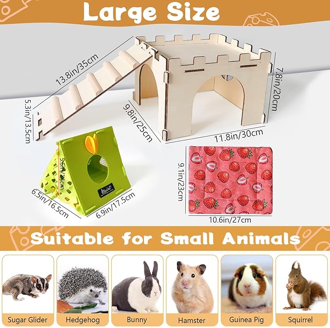 Guinea Pig Hideout,Large Wooden Guinea Pigs House with Stairs and Mats,Detachable Guinea Pig Castle Hide for Small Animals Hamster Chinchilla Ferret Habitats Accessories