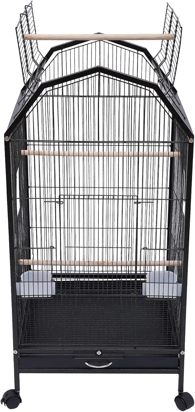 Large Bird Cage with Stand, “18 x 18 x 40” Black Metal Flight Bird Cage for Parrots, Cockatoos, Parakeets, and Small Birds, 5 Doors and Wheels, Includes Feeding Cups