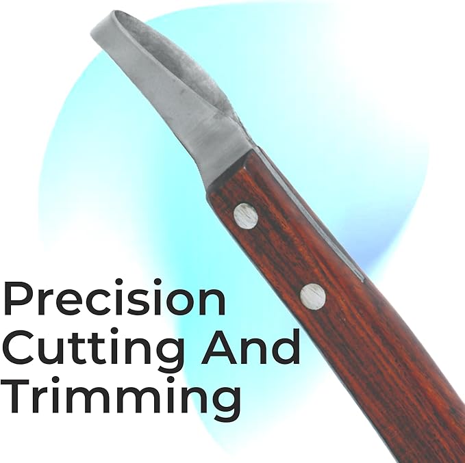 7 Inch Swiss Hoof Knife Double Edged – Stainless Steel Curved Blade Farrier Tool with Round Wooden Grip, Multipurpose Hoof Trimming Knife for Livestock.