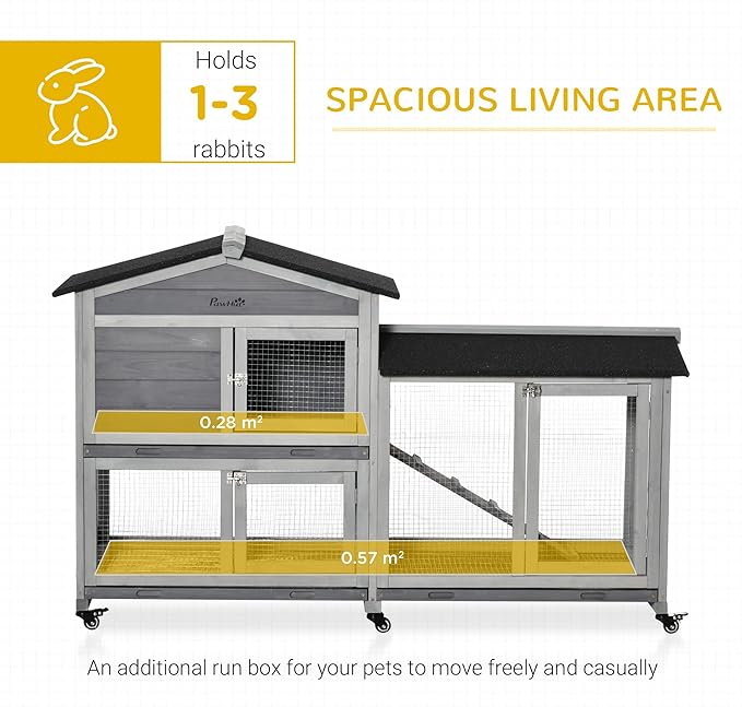 PawHut 62" Rabbit Hutch, Wooden Bunny Hutch, Guinea Pig Cage, Small Animal Enclosure with Wheels, Run Area, Removable Tray, Asphalt Roof, Lockable Doors and Ramp, for Rabbits, Chickens, Ducks, Gray