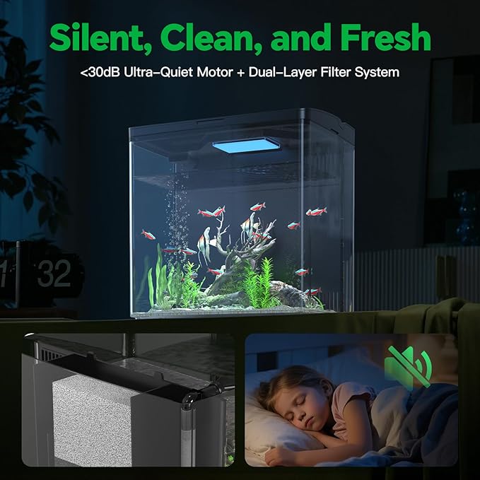 Fish Tank, 1.2 Gallons Betta Fish Tanks, Smart Aquarium Fish tank, Self Cleaning Filter System with 5 Color Led Light, Auto-Looping& Quiet Pump,Fish Aquariums for Betta Shrimp Guppy Jellyfish Goldfish