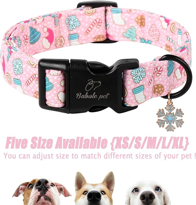 Christmas Dog Collar for Medium Dogs - Cute Snowflake Print Pink Christmas Collars for Dogs, Soft Adjustable Winter Holiday Dog Collars with Quick Release Buckle M