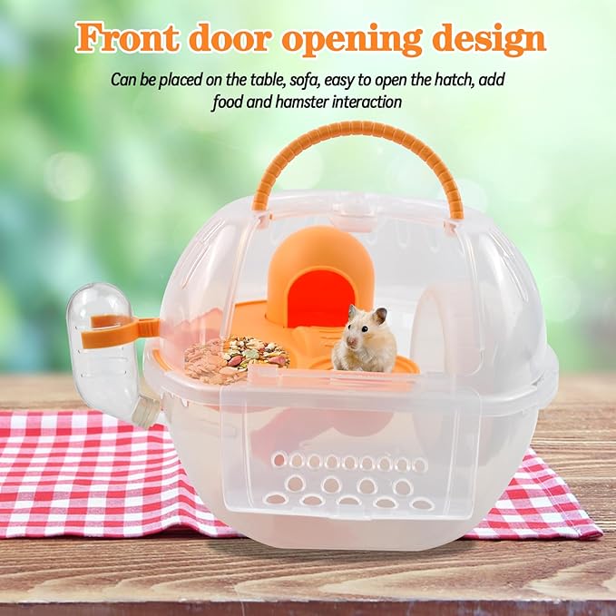 Hamster Transport Carrier,2 Tiers Dwarf Hamster Cage Carrier Breathable Small Animal Travel Carry Case with Silent Exercise Wheels Water Bottle Food Dish for Mice Rat(Orange)