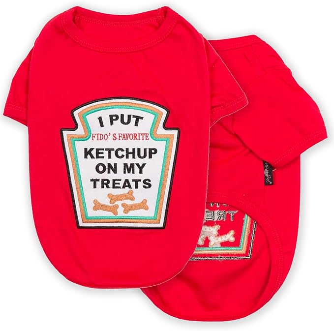 Parisian Pet Dog Shirt - Embroidered “I Put Ketchup on My Treats“ - 100% Cotton and Polyester Dog Clothes - Sleeved, Lightweight Costume for Dogs - Red Dog Shirts for Medium Dogs - Pet Costumes - M