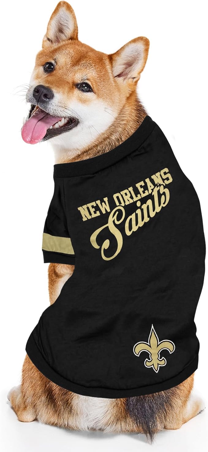 NFL New Orleans Saints T-Shirt for Dogs & Cats, Large. Football Dog Shirt for NFL Team Fans. New & Updated Fashionable Stripe Design, Durable & Cute Sports PET TEE Shirt Outfit