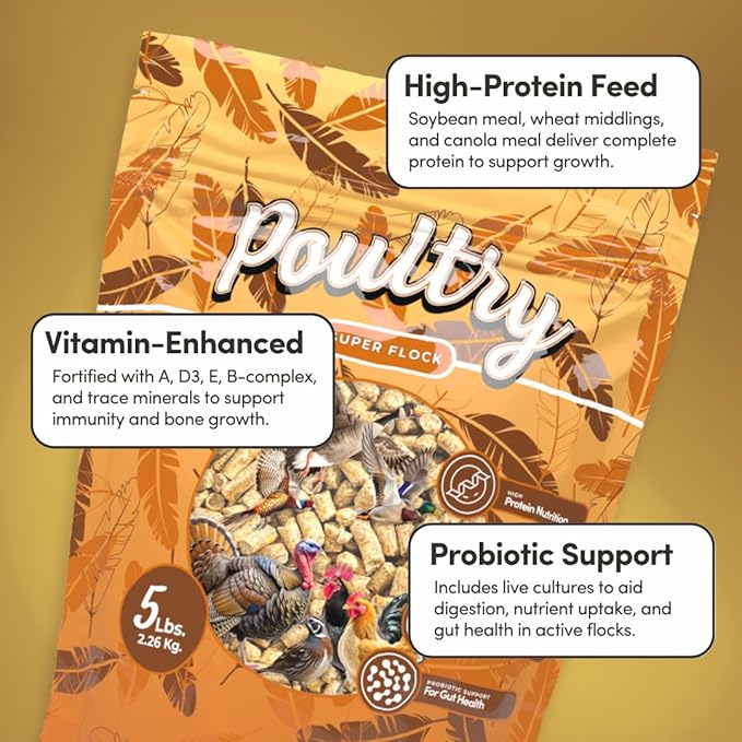 Mycelium Poultry Super Flock Feed (5 LB Bag) | High-Protein Poultry Feed with Probiotics & Vitamins | Supports Growth, Feather Health & Gut Function | Non-GMO, Made in USA