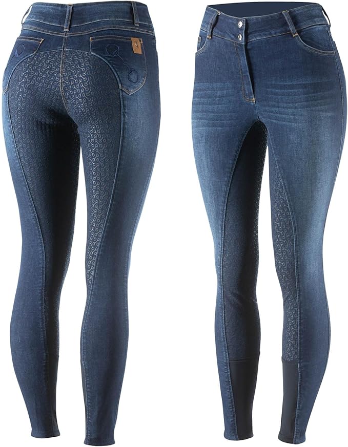 HORZE Kaia Womens Denim Horse Riding Pants | High Waist Silicone Full Seat Breeches | Accurate Size Chart
