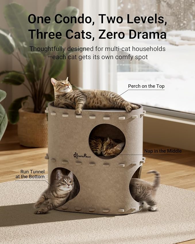 DownyPaws Cat House for Indoor Cats, 2-Storey Foldable Cat Bed Cave, Felt Cats Tunnel Bed Condo, Castle Kitten Cube Hideaway for Multicats, Scratch Resistant, Cream