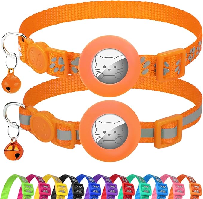 Joytale AirTag Cat Collar 2 Pack with Breakaway Safety Buckle, Reflective Cats Collar with AirTag Holder, Adjustable 7.5-12.5 Inch, Anti-Fraying Lightweight for Girl Boy Kitten, Orange