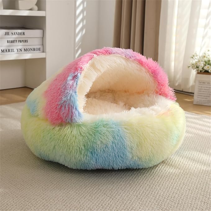 Nest Bed - Lapcatz Cat Beds for Indoor Cats, Fluffy Cat Bed Cave Plush Warm Nest for Cats (Rainbow,XL 28"x28")