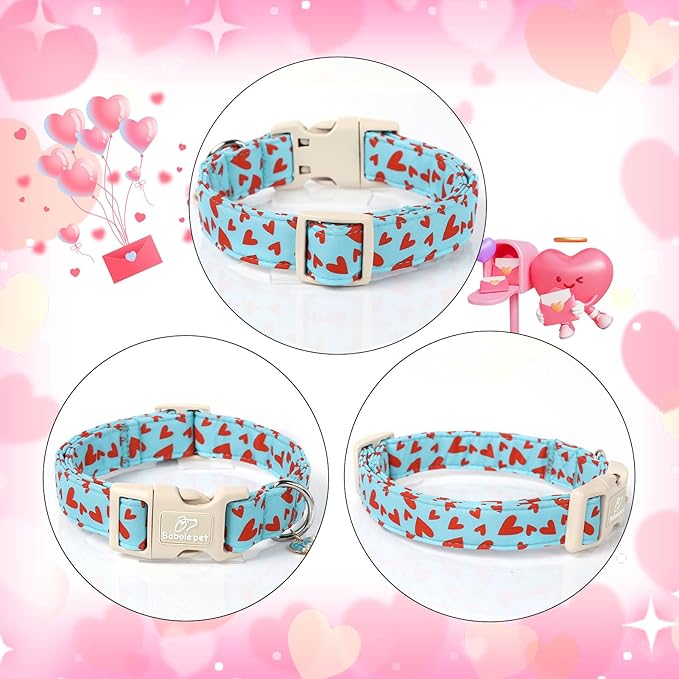 Valentines Dog Collar for Small Dogs - Cute Valentine Blue Dog Collars, Adjustable Puppy Red Hearts Collar with Quick Release Buckle for Boys&Girls Dogs S