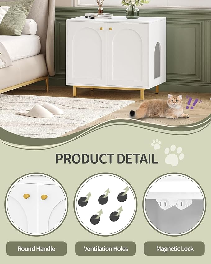 Cat Litter Box Enclosure, Hidden Litter Box Furniture Cabinet, Wooden Indoor Cat House, Side End Table, Living Room, Bedroom, White and Gold CB85003G