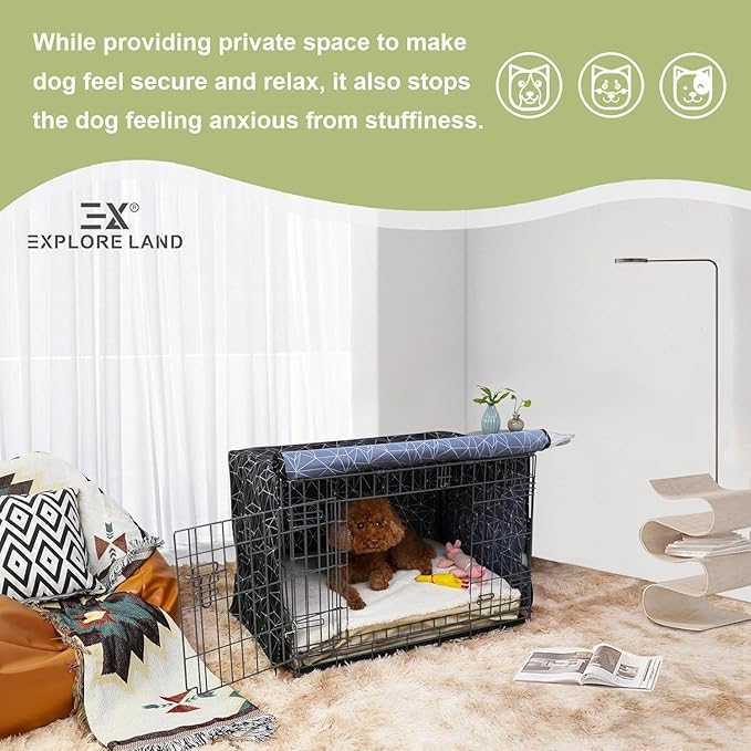 Explore Land Pattern Dog Crate Cover for 18 Inches Wire Cage, Heavy-Duty Polyester 1 2 3 Doors Standard Metal Pet Kennel Enclosure (Brief Polygonal)
