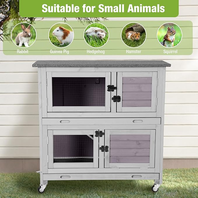 Rabbit Hutch Indoor, 36'' Bunny Hutch Outdoor, Mobile Rabbit Cage with Wheels, 2-Story Bunny Cage with 2 Pull Out Trays, Wooden Guinea Pig Cage (Grey)