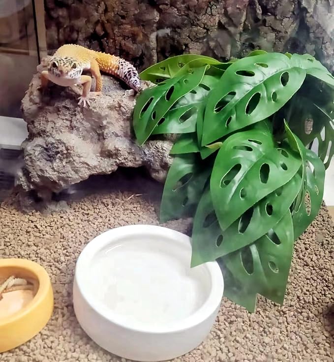 Reptile Plants for Terrarium Decor,Amphibian Habitat Decor, Bearded Dragon Tank Accessories,Artificial Plants for Gecko Chameleon Snake Tortoise with Base (Swiss Cheese)