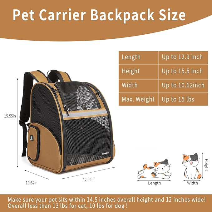 Cat Backpack Carrier for Small Dogs and Medium cat Puppy Kitten Bunny Pet Carrier Backpack Collapsible with Fully Ventilated Mesh with Safety Leash (Brown, 12.9" L x 10.62" W x 15.5" H - M)