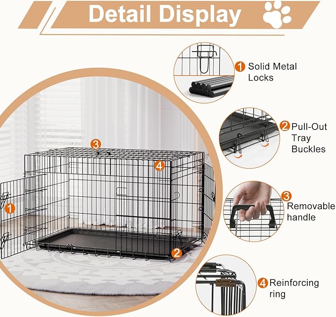 FDW Large Dog Crate 42inch Dog Cage Foldable Metal Kennel with Leakproof Tray Foldable Design Indoor Outdoor Use for Large Dogs,Black