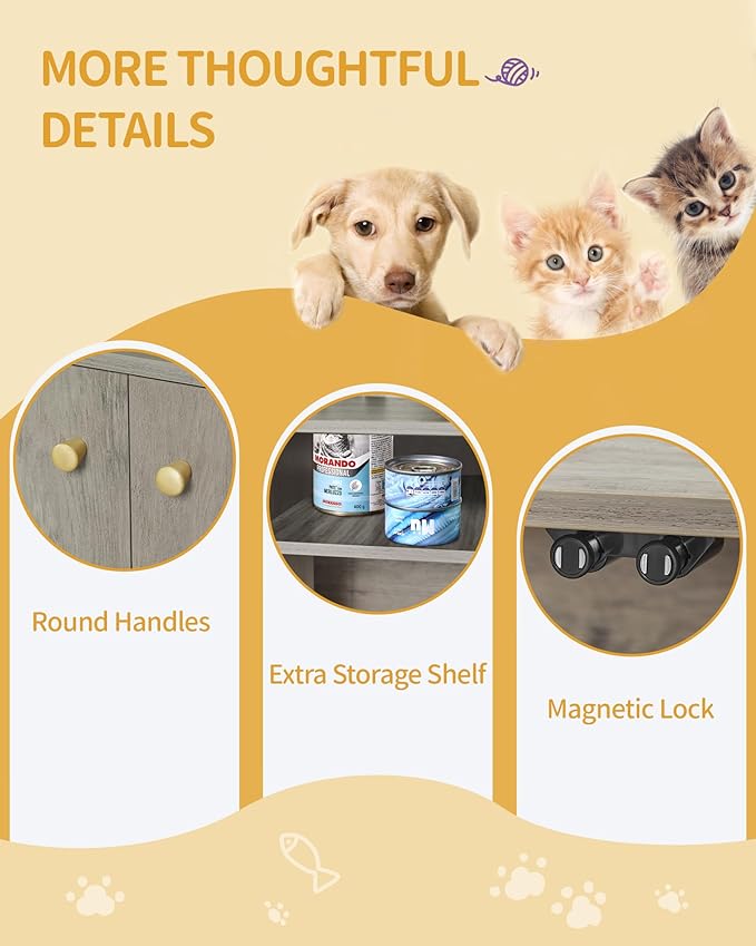 Cat Litter Box Enclosure Enclosed, Hidden Litter Box Cabinet Furniture with Storage, Wooden Indoor Cat House Large, Modern End Table for Living Room Entryway, Greige and Gold CB01505G