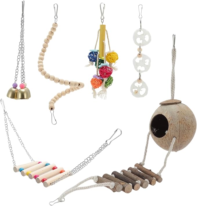 Cockatiel Toys, Bird Toys, 6 Pcs Multifunctional Natural Coconut Hideaway with Ladder Swing Hanging Bell Toy, Parrot Toys, Bird Cage Accessories