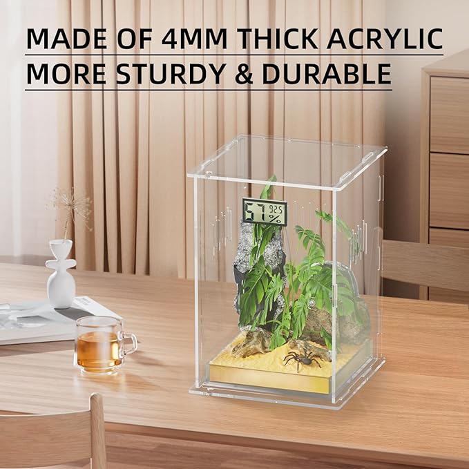 Reptile Terrariums, with Temperature Hygrometer, 7.1"x7.1"x11.8" Acrylic Reptiles Breeding Box Terrarium Cage Tank for Small Reptile Insect Home Office (Arboreal Large)